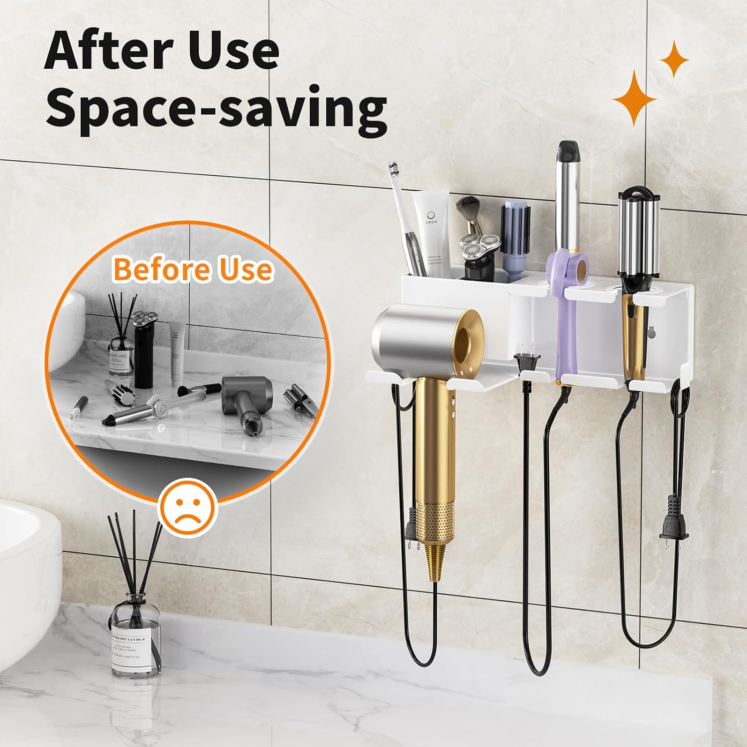Hair Dryer Holder, Hair Tool Organizer Wall Mount, Adhesive or Drill, White